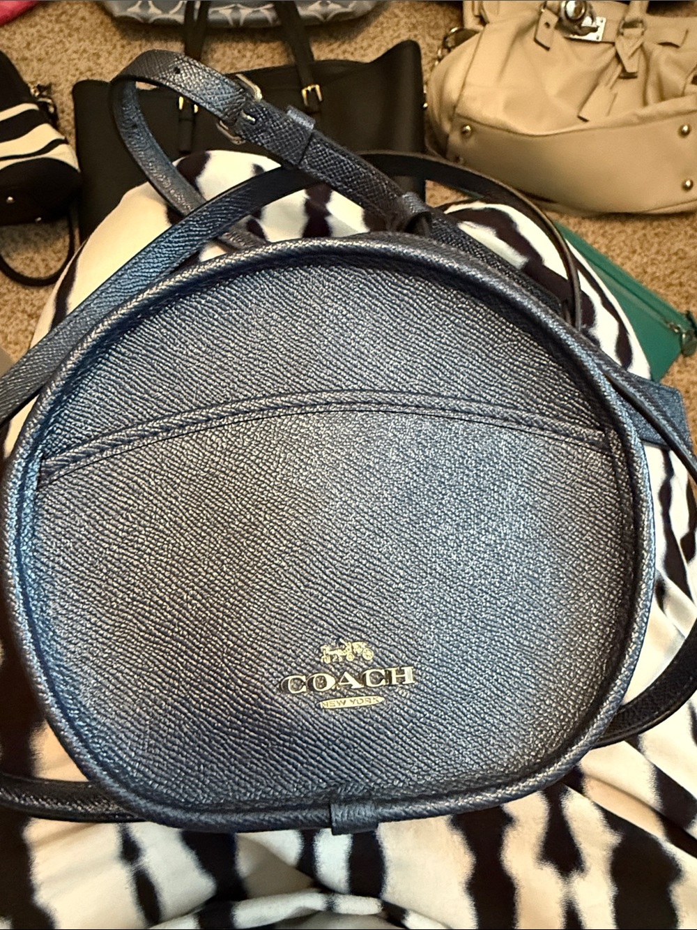 COACH Navy Leather Round Crossbody with Gold Logo